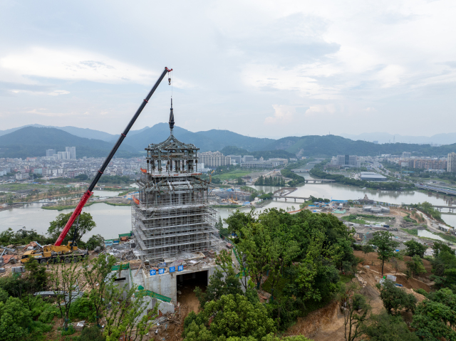 傲立山頂,園博新高度郭公閣提前2個(gè)月封頂